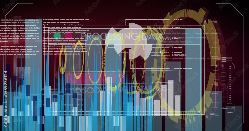 Poster displaying translucent data window in simulated control panel, with blue bar charts and code text