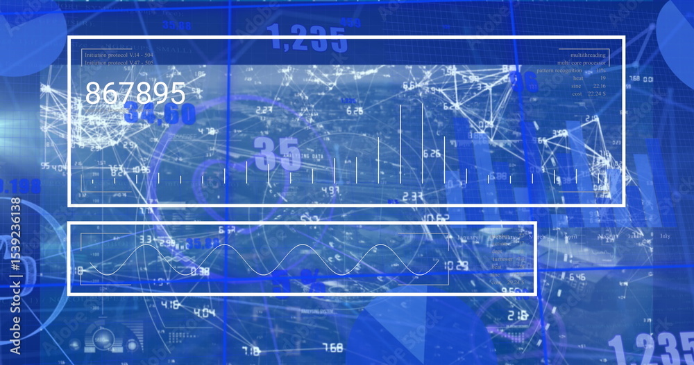 Poster displaying two white-outlined data panels in dashboard, with network node diagram and line graph