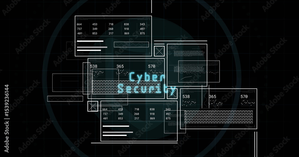 Fototapete displaying console windows overlapping dark grid interface, glowing cyber keyboard graphic