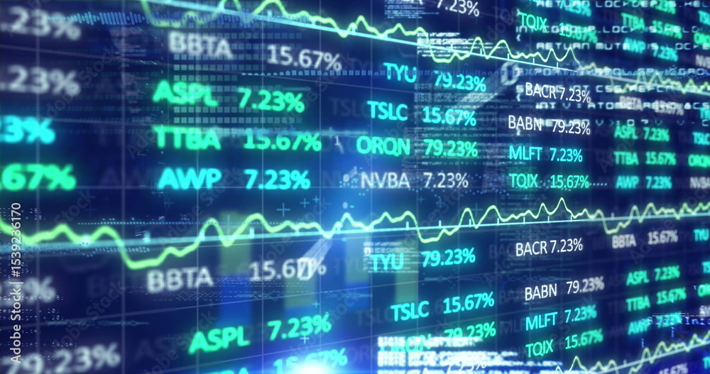 Poster displaying stock ticker symbols scrolling across trading screen with percentages and line graphs