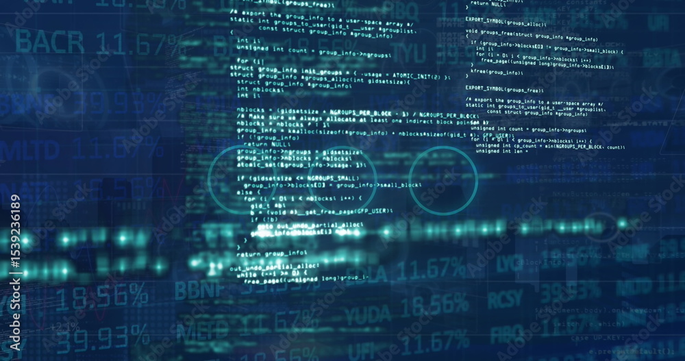 Poster displaying code panel streaming across trading screen, showing ticker strings and circular overlays