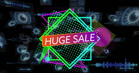 Displaying gradient huge sale banner in futuristic interface, with neon shapes and code overlays