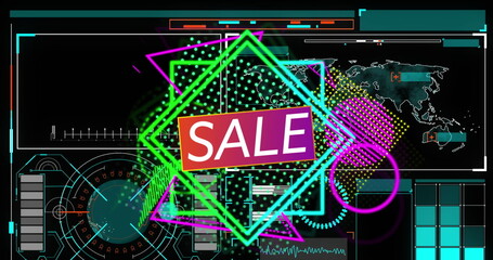 Displaying SALE banner hovering over neon hexagon shapes in futuristic UI, with world map grid