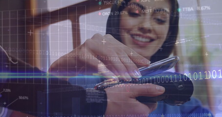 Processing contactless smartphone payment at checkout with terminal and smartwatch digital overlays