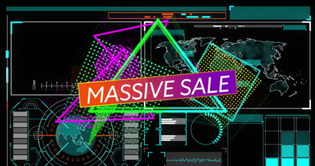 Displaying central neon gradient MASSIVE SALE banner glowing in UI, with HUD rings and world map