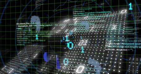 Rendering grid lines shifting in data matrix, with binary digits, code snippets and dotted planes