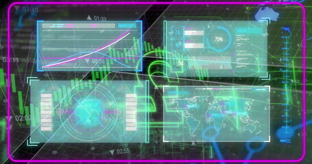 Displaying neon-blue windows on console showing line graph or metrics panel or circular chart or wor