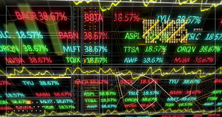 Dashboard displaying stock tickers and percentages on grid, with neon overlays and yellow charts