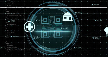 Displaying HUD overlay and scrolling code text on futuristic interface screen with four modules