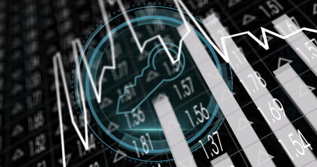 Displaying turquoise padlock icon securing data on financial interface with bar and line chart data
