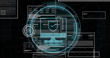 Displaying translucent data panels and HUD rings in dashboard interface, with checkmark icon