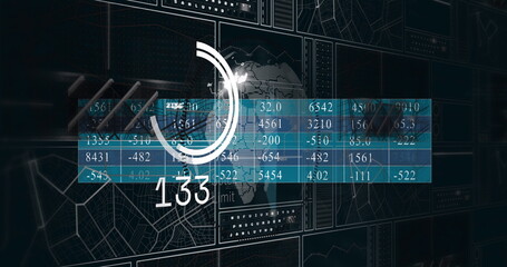 Displaying central data panel on control interface, with world map, blue data table, gauge 133