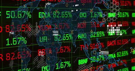 Displaying financial dashboard showing stock tickers and percentage values over map outline