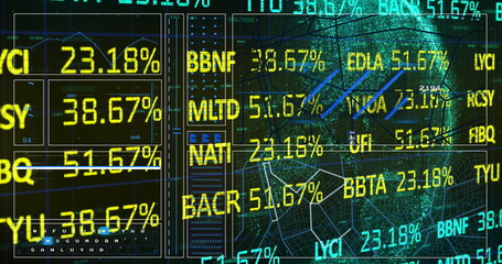 Displaying trading dashboard showing floating percentages over grid map, chart lines and tickers