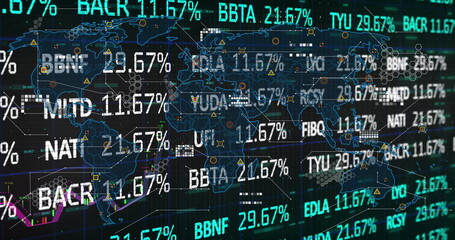 Displaying world map overlay on dark grid interface, glowing ticker symbols and percentage figures