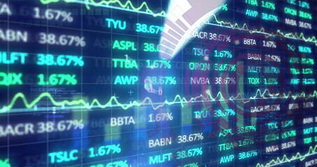 Displaying market data at trading desk, with tickers, percentage figures and radial overlay