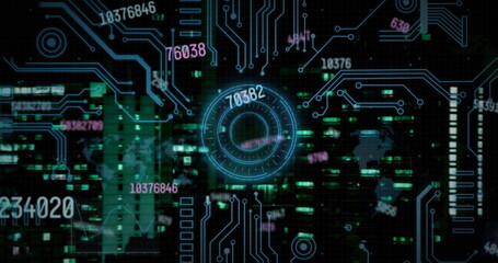 Displaying central circular holographic display over urban skyline, with neon blue circuit lines