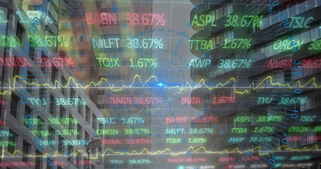 Floating holographic stock tickers and line charts rising over downtown street, with percentages