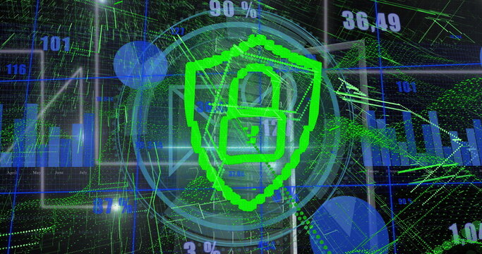 Green pixelated shield with padlock icon securing data in dashboard, with bar charts and streams