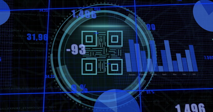 Displaying circular HUD on virtual dashboard with QR code and numeric overlays, with bar chart