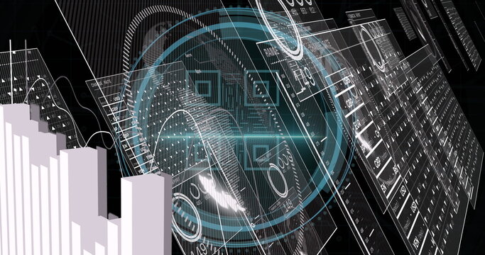 Rotating holographic HUD overlay scanning panels and projecting 3D bar chart in virtual data hub - Powered by Adobe