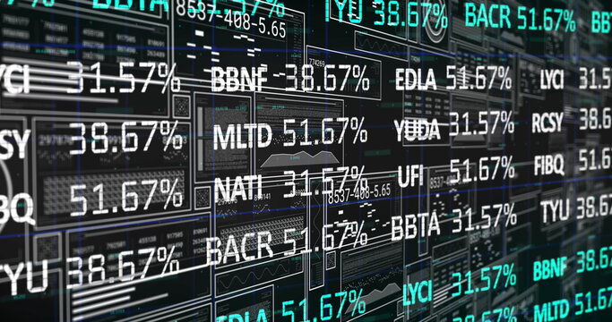 Displaying digital dashboard at trading interface, showing ticker codes, percentages, data graphs