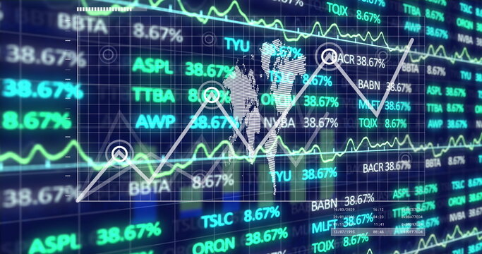 Displaying stock tickers showing percentages on dashboard, charting line over world map silhouette