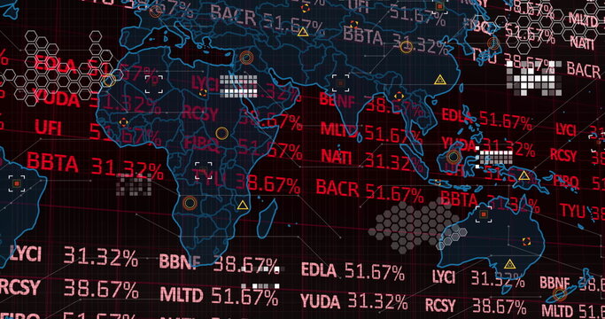 Displaying world map outline showing stock tickers, percentages and hexagon clusters on dashboard
