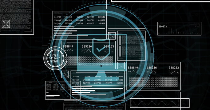 Displaying translucent data panels and HUD rings in dashboard interface, with checkmark icon