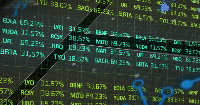 Displaying trading screen showing ticker codes, percentages on dark 3D grid, with light-blue curves