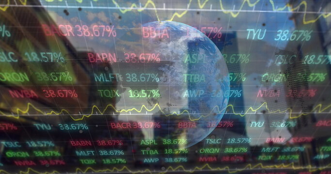 Spinning 3D globe floating over blurred building facade, with stock tickers and yellow line charts