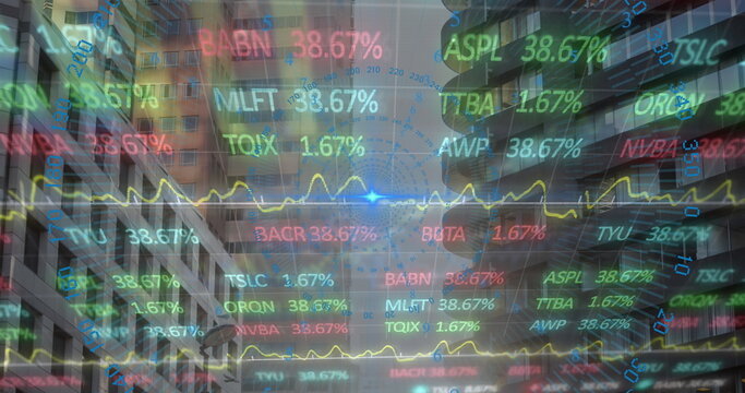 Floating holographic stock tickers and line charts rising over downtown street, with percentages