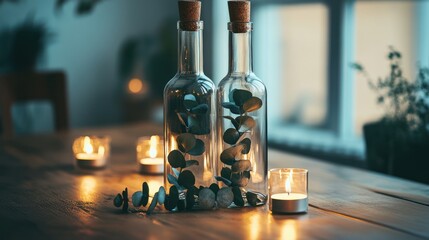 Two glass bottles, cork tops, filled with eucalyptus sprigs, sit on a wooden table with candles