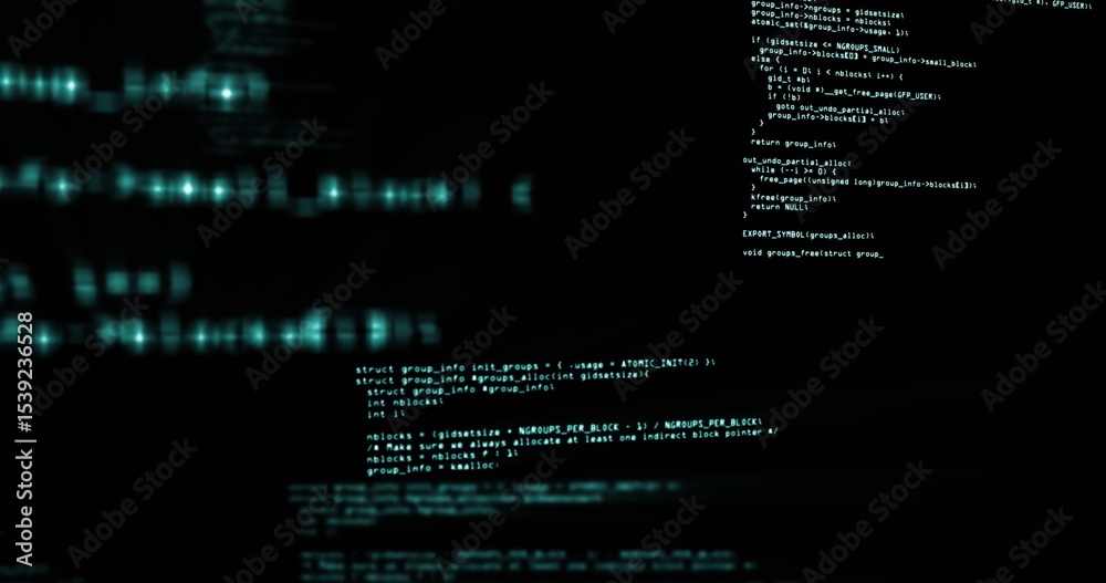 Poster displaying monospaced code text inside terminal window, floating blurred turquoise data patterns