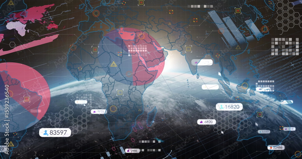 Poster displaying data-monitoring interface floating over earth globe, with hexagonal grid, data tags