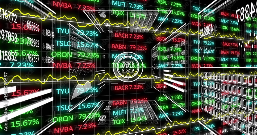 Poster displaying circular hud overlaying data in trading corridor, with scrolling stock ticker panels