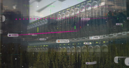 Streaming server rack showing LED lights in data center, blending financial data with pine trees