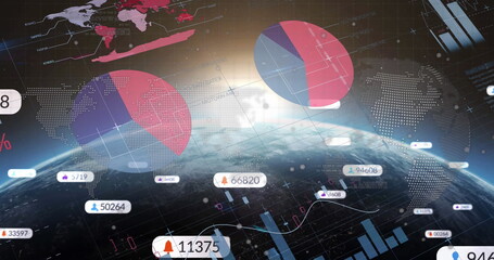 Displaying Earth globe showing curvature in orbit, with pie charts, bar and line graphs, data icons