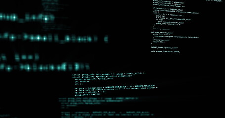 Displaying monospaced code text inside terminal window, floating blurred turquoise data patterns