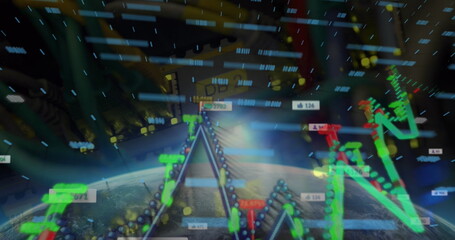Displaying interface floating above Earth horizon with charts, numeric labels and thumbs-up icons