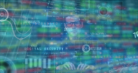 Obraz premium Typing IT specialist in dark shirt and glasses operating keyboard at office, with security graphics