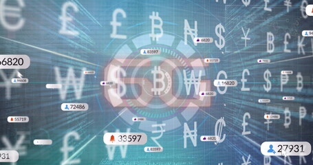 Streaming currency symbols and numeric tags around central Bitcoin HUD in grid, with notifications