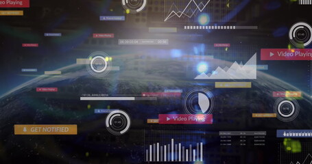 Displaying orbital space dashboard showing Earth globe with radial timers bar graphs pie chart