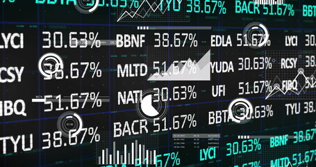 Displaying financial dashboard on dark grid, featuring stock ticker symbols and percentage readouts