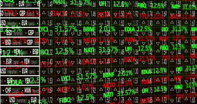 Displaying trading board showing currency and stock tickers in trading room, with arrow indicators