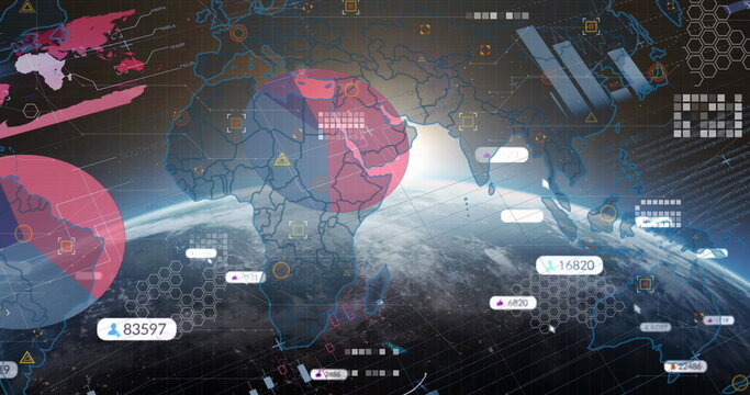 Displaying data-monitoring interface floating over Earth globe, with hexagonal grid, data tags - Powered by Adobe