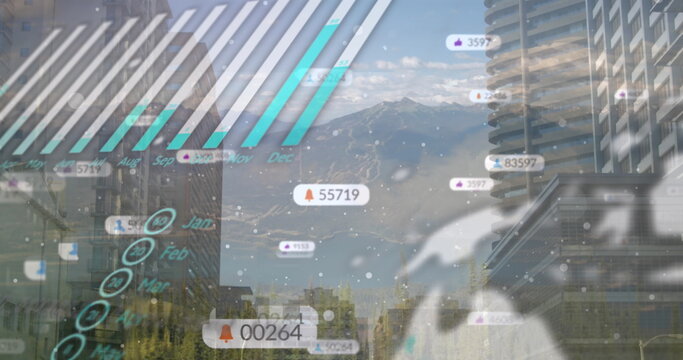 Displaying data overlay over city skyline, showing bar charts and floating notification bubbles - Powered by Adobe