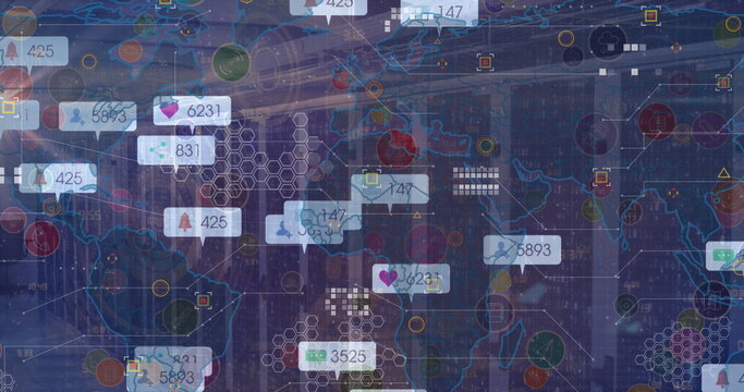 Displaying world map with hex grid and numeric badges across city skyline with social media icons