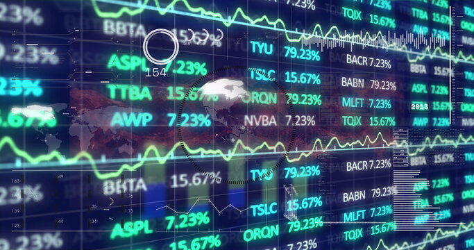 Displaying financial dashboard on screen with scrolling tickers, percent values and globe overlay