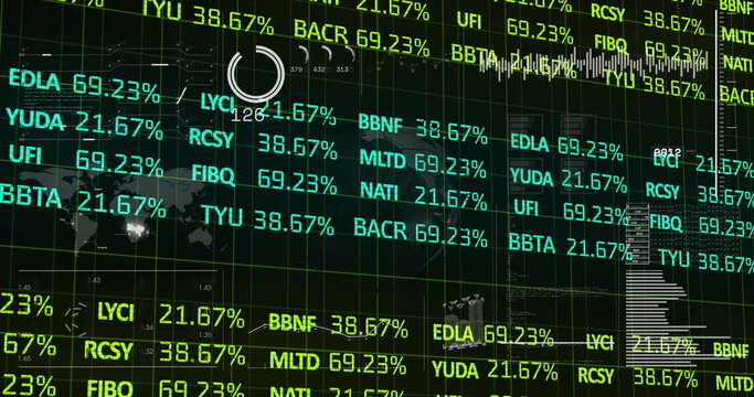 Rendering financial dashboard interface at market data terminal, with data grid, world map, charts